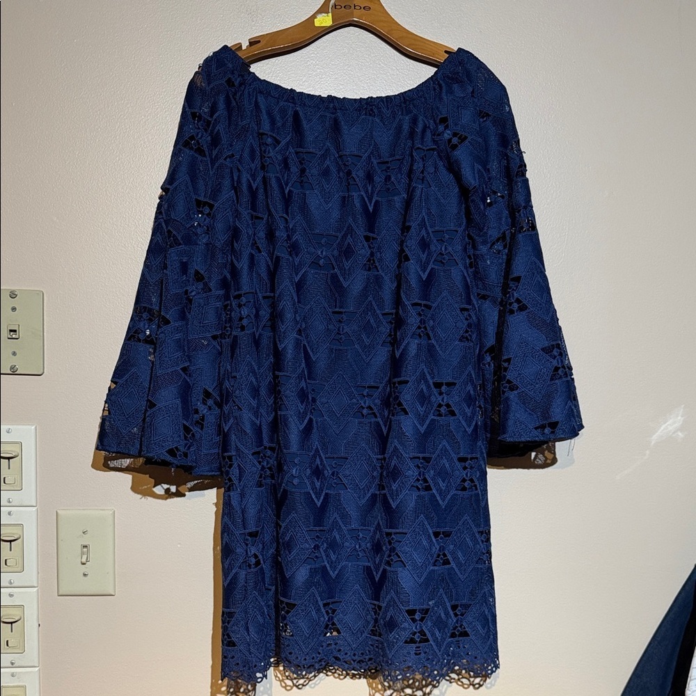 Ming Wang Navy Lace Off-Shoulder Long Sleeve Dress